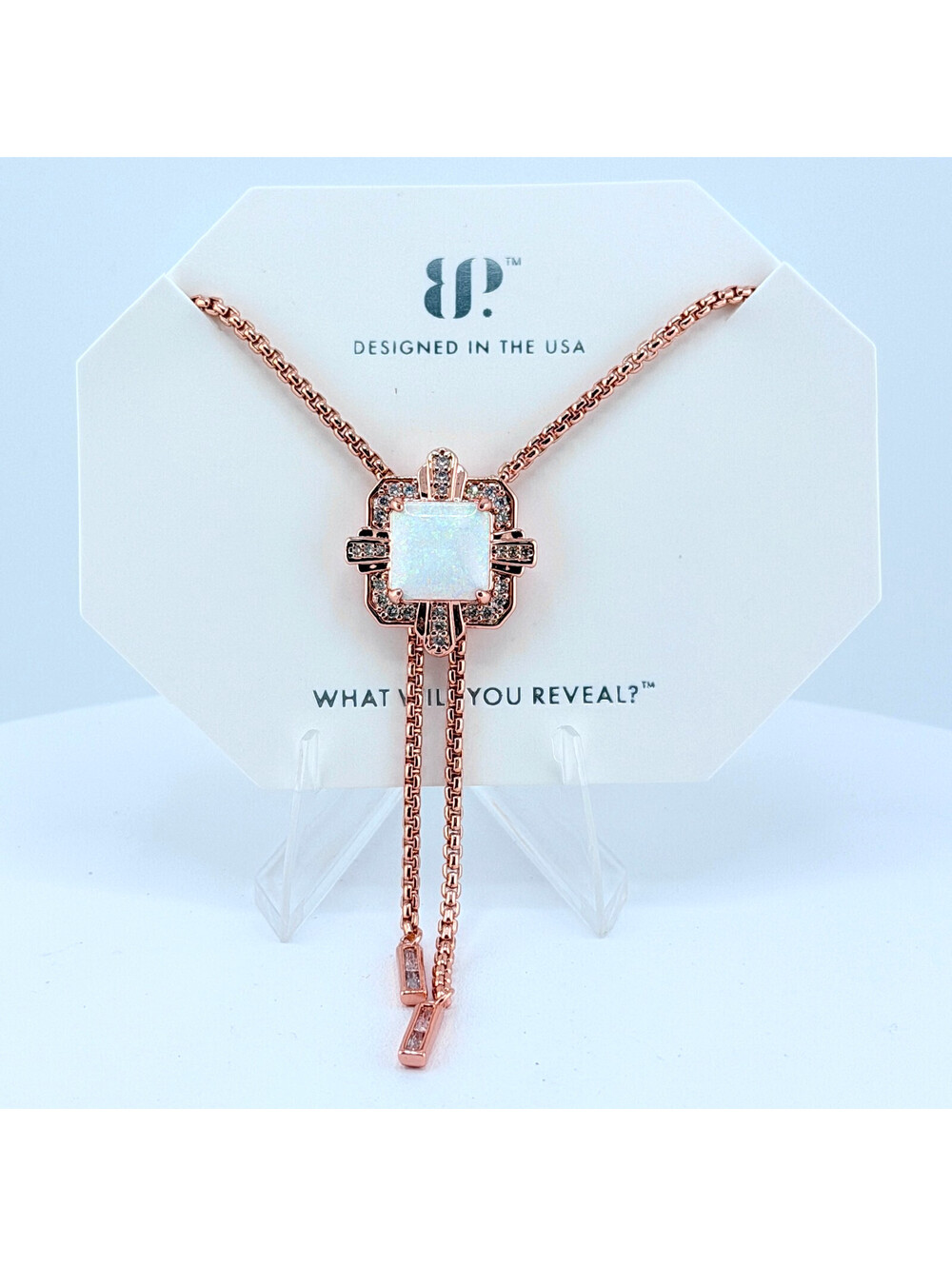 Bomb Party October BOLO Necklace "Lines Of Inner Power" White Opal on Rose Gold